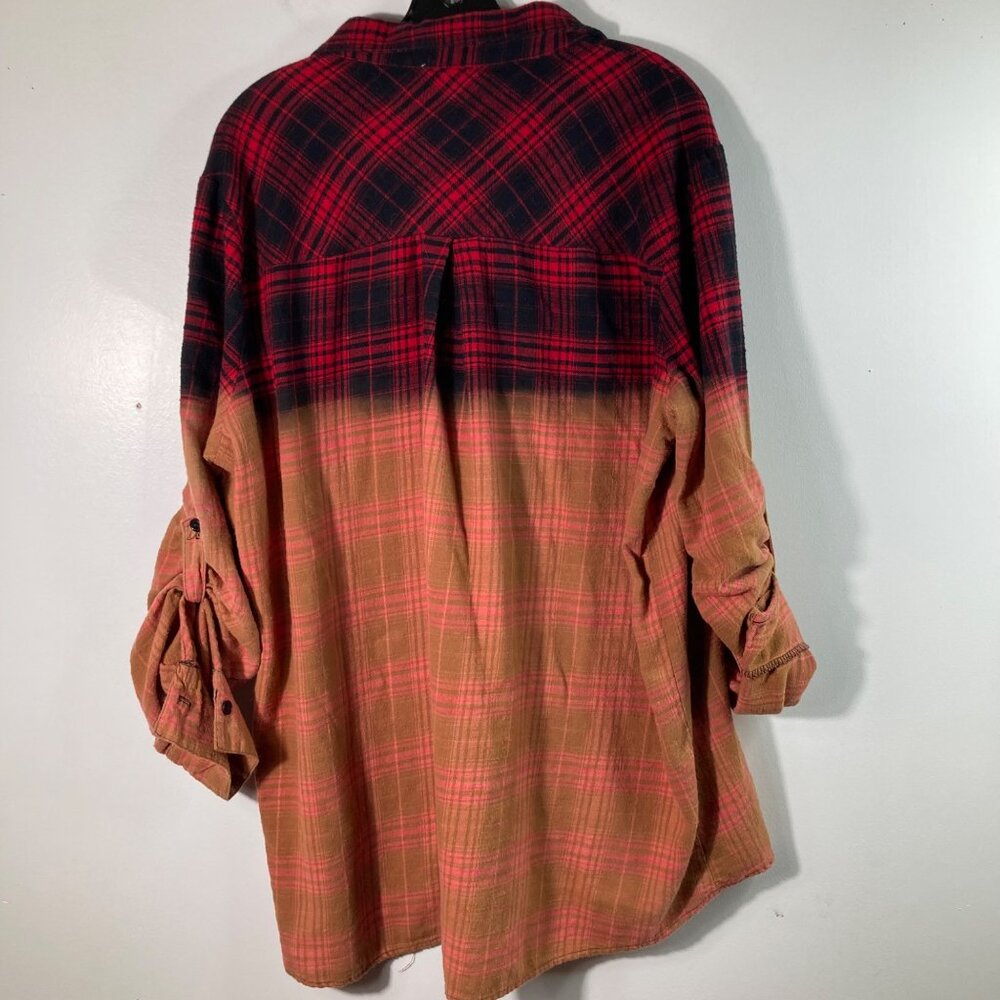 Womens Janette Plus Plaid Flannel Button Bleached Shirt Red Black Orange 3X Cott - Picture 2 of 9